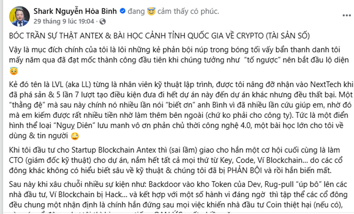 Shark Nguyễn Hoà Bình là ai, vì sao vướng vào lùm xùm tiền ảo AntEX? 2 SharkBinh AnTex FBcanhan.jpg