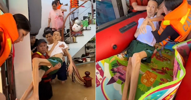 2 tiếng nghẹt thở cứu ông lão 70 tuổi bị liệt khỏi vùng ngập Thái Nguyên