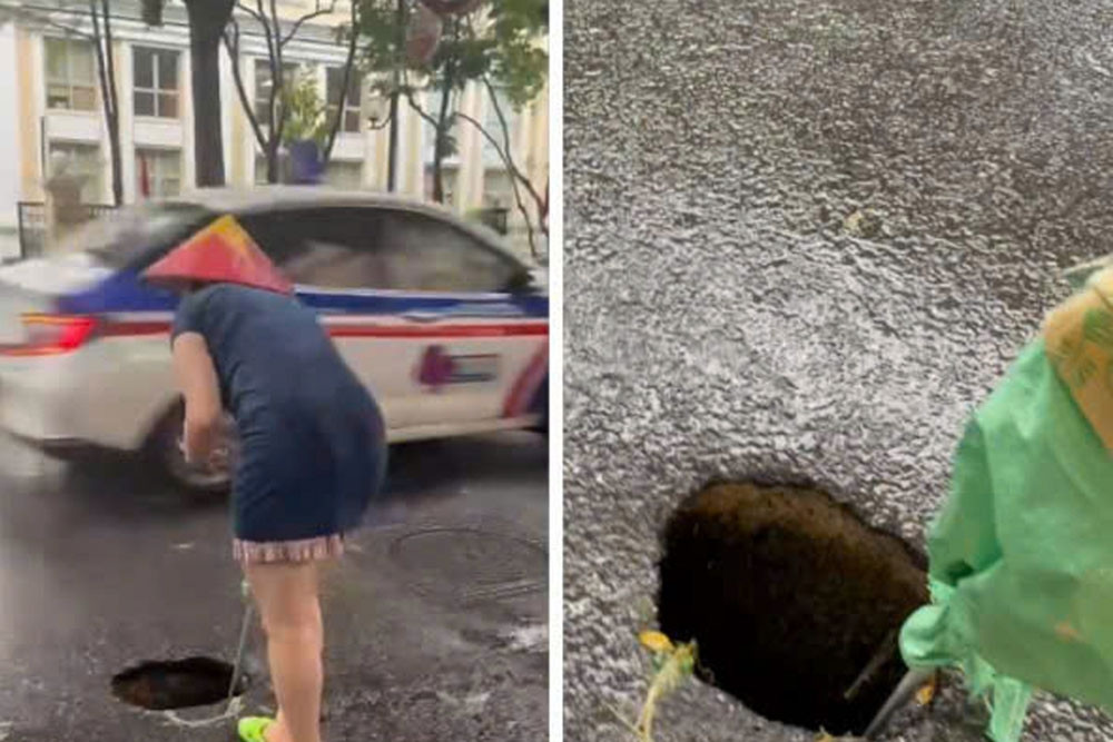 Hố sụt sâu gần 1m giữa lòng đường Hà Nội