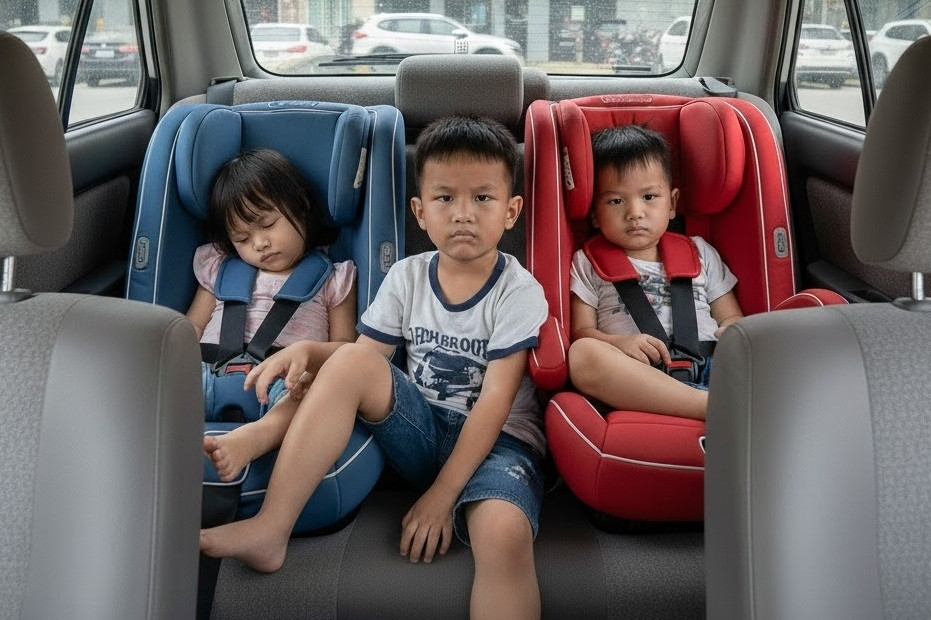 Phụ huynh loay hoay khi nhà có 3 con,  xe nhỏ, lắp ghế trẻ em kiểu gì?