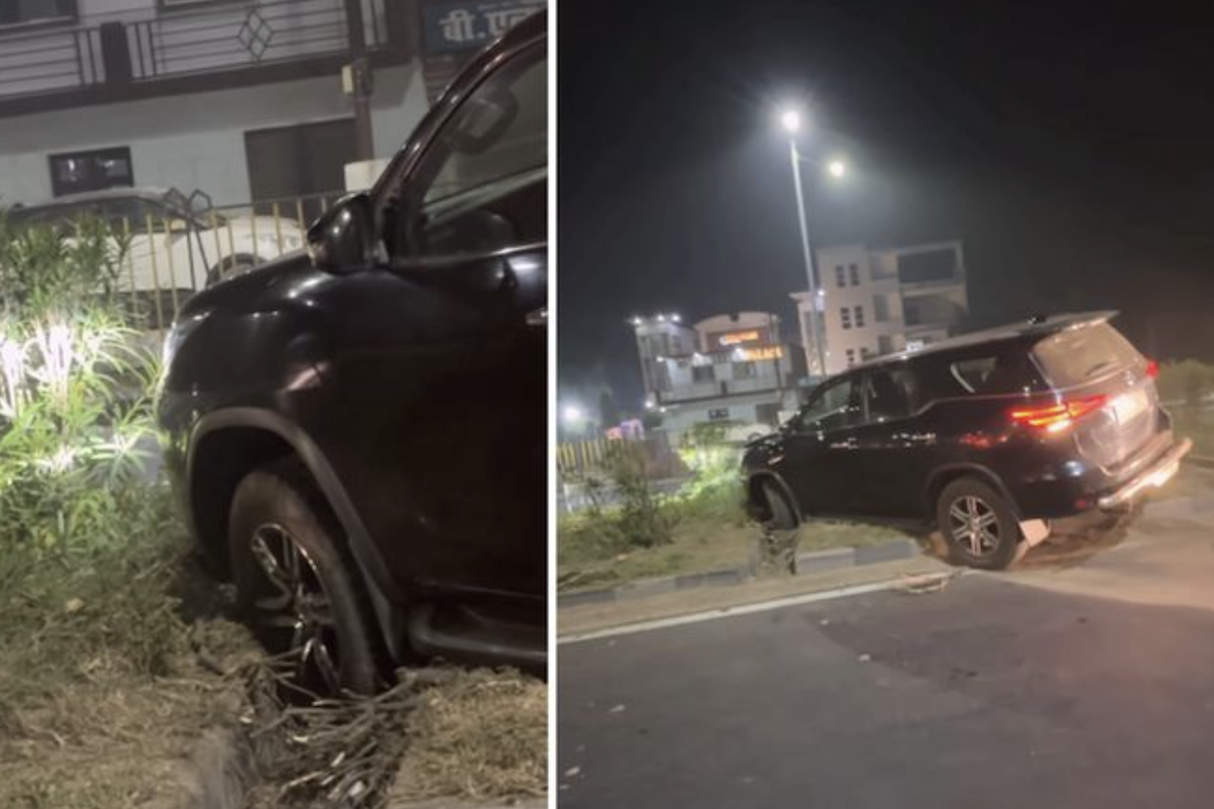 Tài xế Fortuner cố leo dải phân cách rồi mắc kẹt giữa rãnh cống thoát nước