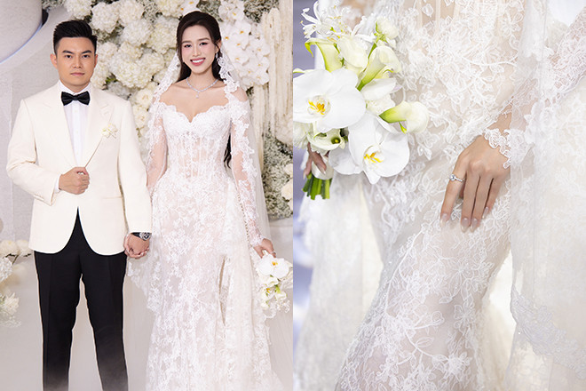 Hoa hậu Đỗ Thị Hà 'dát kim cương' bên chú rể, đám cưới như biển hoa trắng