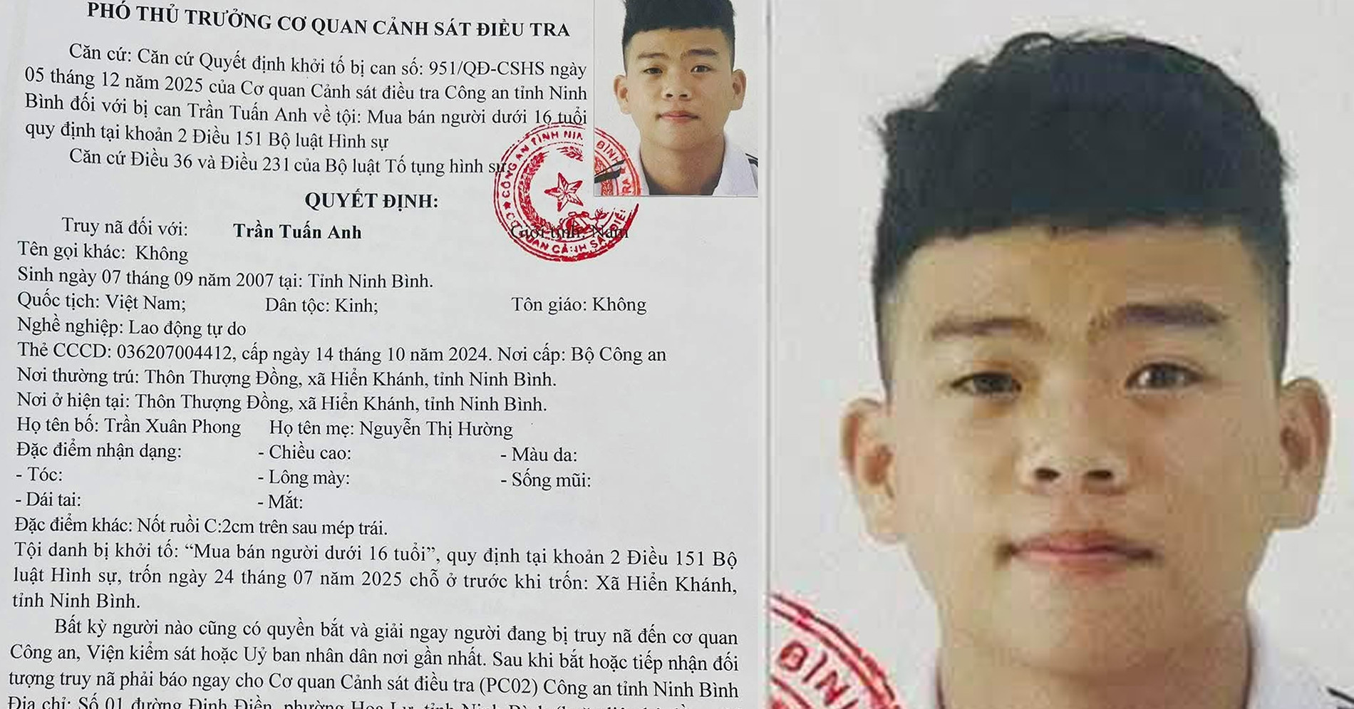 Công an Ninh Bình công bố đặc điểm nhận dạng đối tượng truy nã đặc biệt 18 tuổi