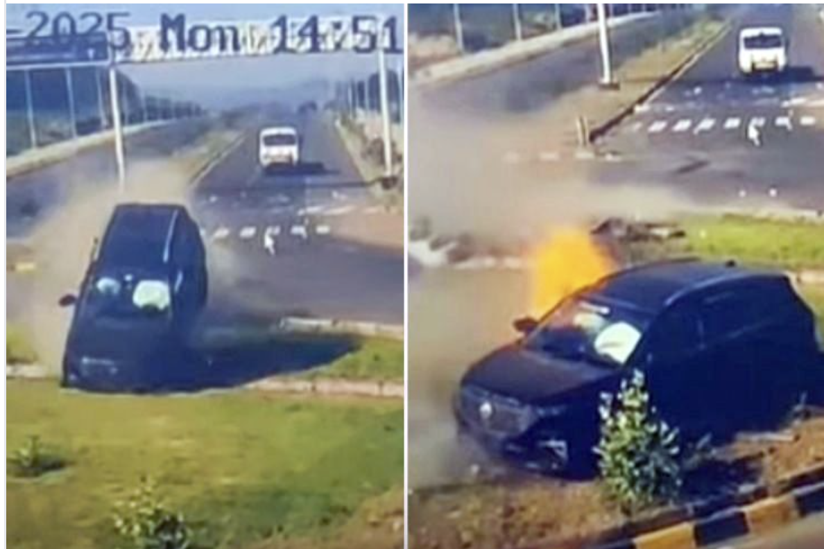 Xe MG mất lái lao qua vòng xuyến rồi bốc cháy dữ dội, cả gia đình kịp thoát thân