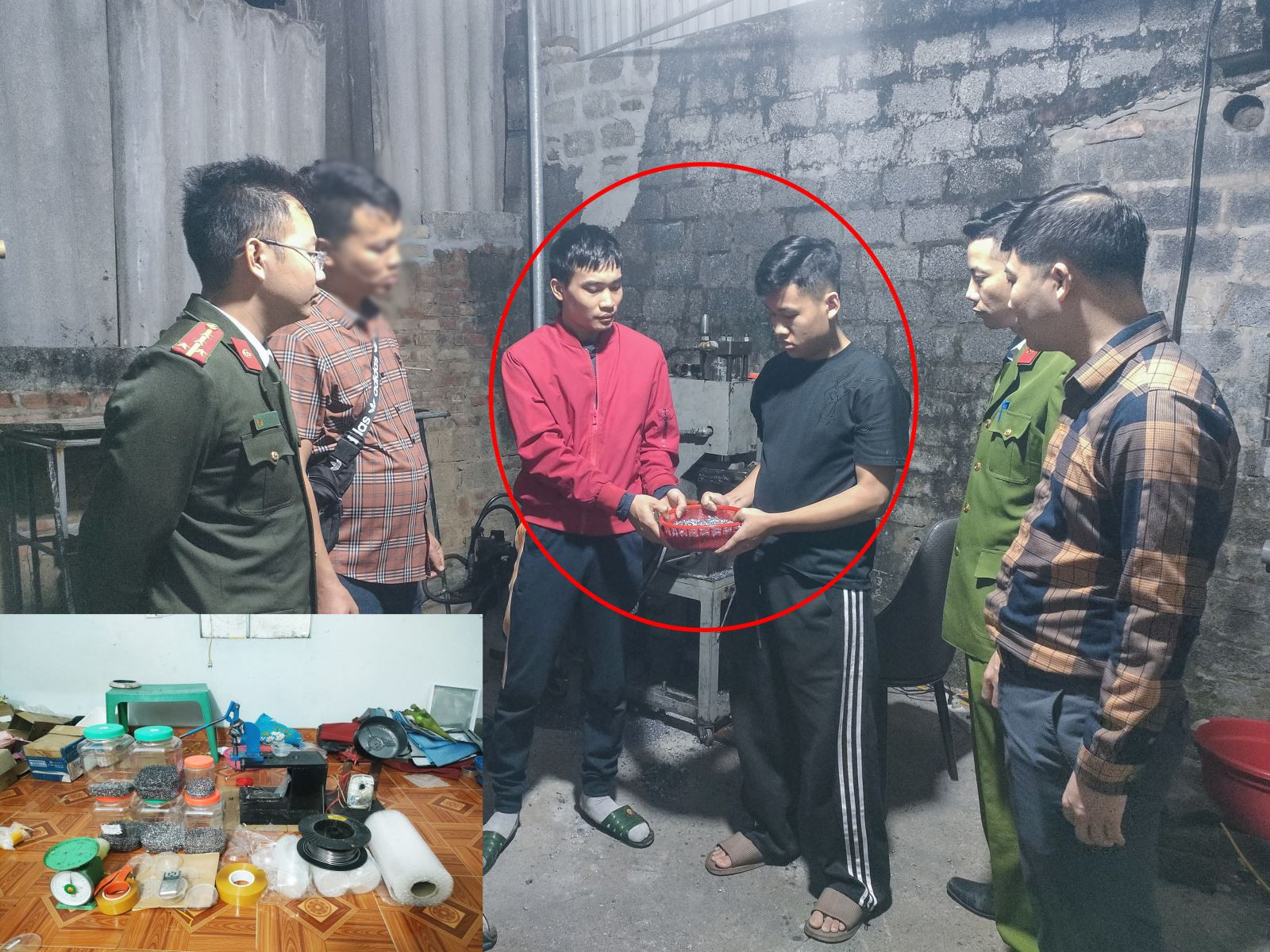 Cơ quan Công an bắt giữ, khám xét chỗ ở của đối tượng Nguyễn Thế Huynh (áo đỏ) và Nguyễn Hữu Trọng Đạt (áo đen).jpg