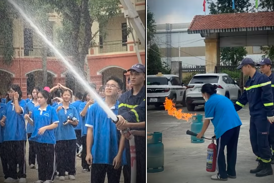 Học sinh trải nghiệm kỹ năng phòng cháy, chữa cháy tại trường học