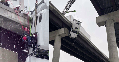 Đứng tim cảnh giải cứu tài xế trong cabin xe đầu kéo treo lơ lửng trên cầu