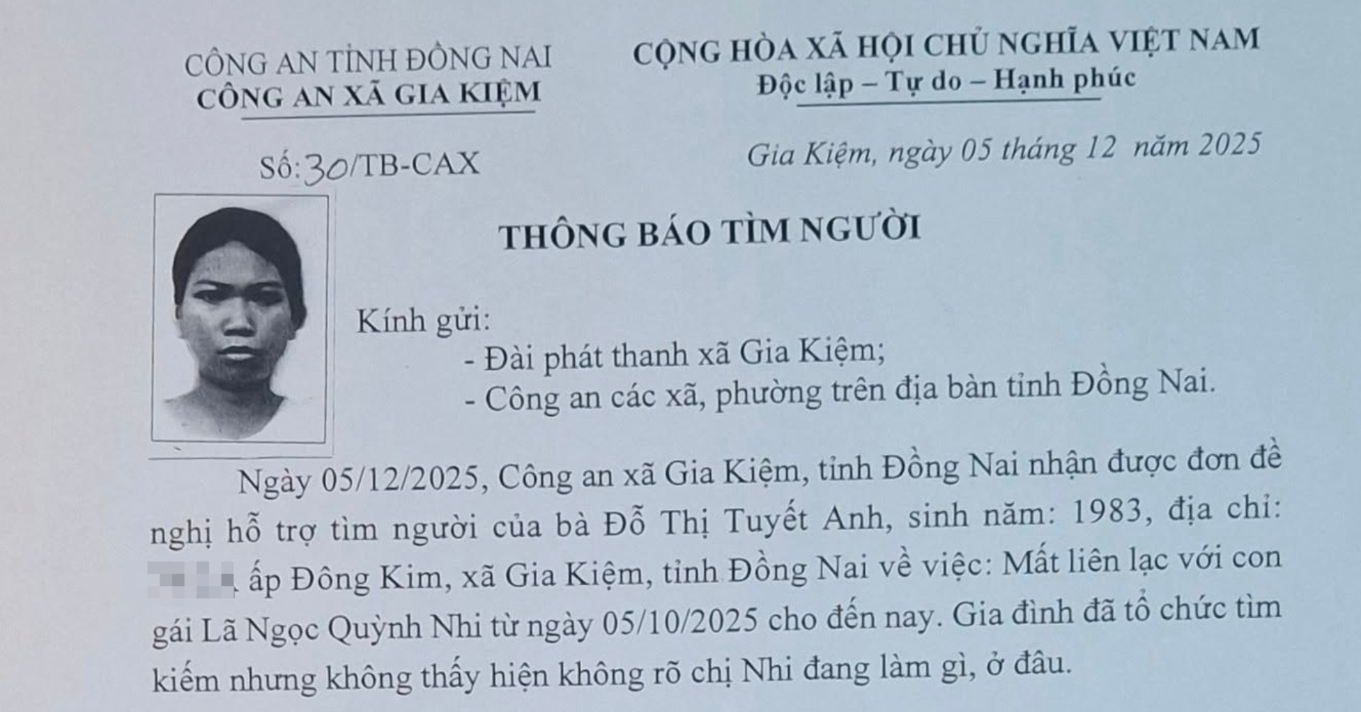 Công an công bố đặc điểm nhận dạng cô gái 18 tuổi mất tích bí ẩn 2 tháng