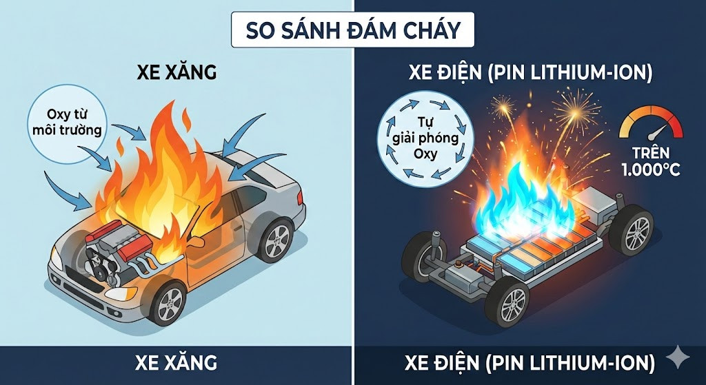 Hình 1. So sánh đám cháy xe điện và xe xăng nguồn AI.jpg