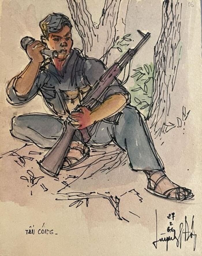 Tấn công. Màu nước, bút mực. 1966.jpg