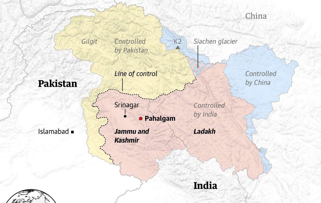 Bản đồ khu vực Kashmir, nơi Ấn Độ và Pakistan tranh chấp. Ảnh: The Guardian