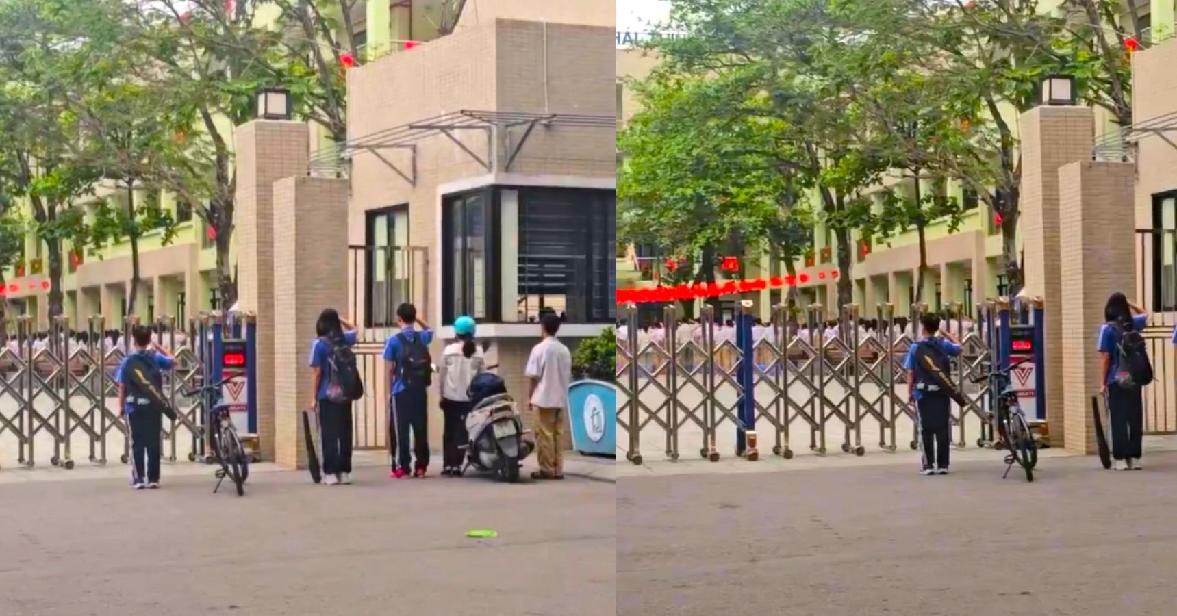 Đi học muộn, nhóm học sinh đứng nghiêm chào cờ rồi mới xin bảo vệ vào trường