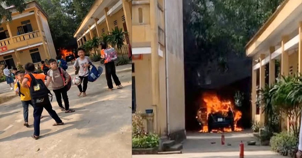 Ô tô của nữ hiệu trưởng bốc cháy trong trường, học sinh hoảng hốt bỏ chạy