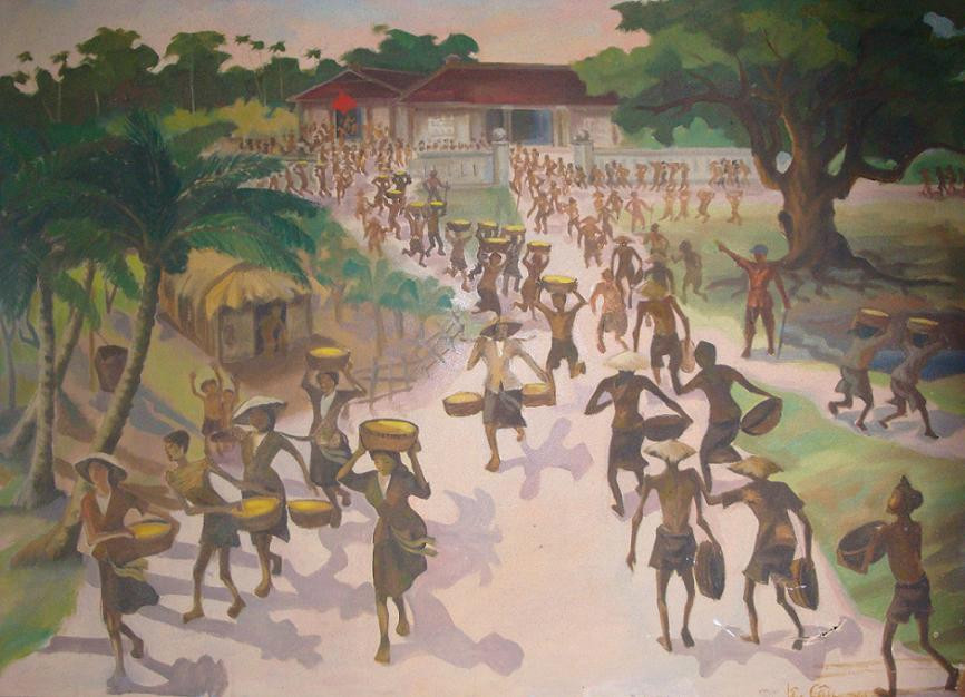 Hình 3. Tranh vẽ mô tả hỉnh ảnh phá kho thóc Nhật cứu đói năm 1945 ở Thanh Hóa.jpg
