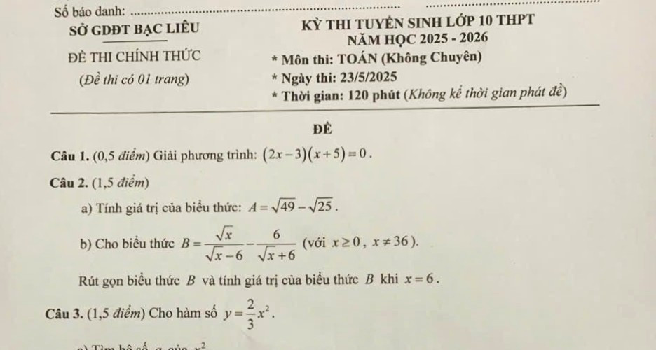 Đề môn Toán của tỉnh đầu tiên thi vào lớp 10 tr...