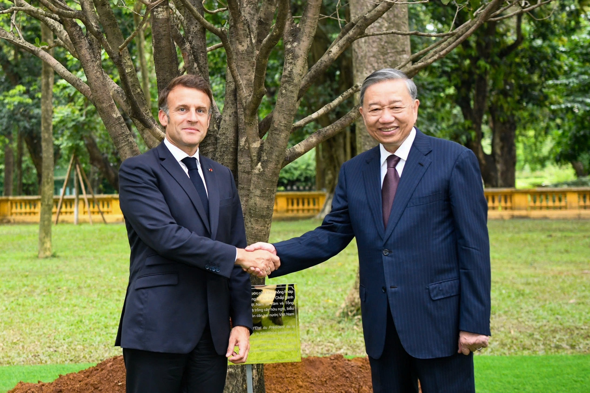 Tổng thống Pháp thăm Nhà sàn Bác Hồ, cùng Tổng Bí thư trồng cây mộc hương