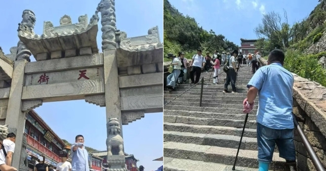 Người đàn ông leo núi Thái Sơn bằng đôi chân giả khiến dân mạng thán phục