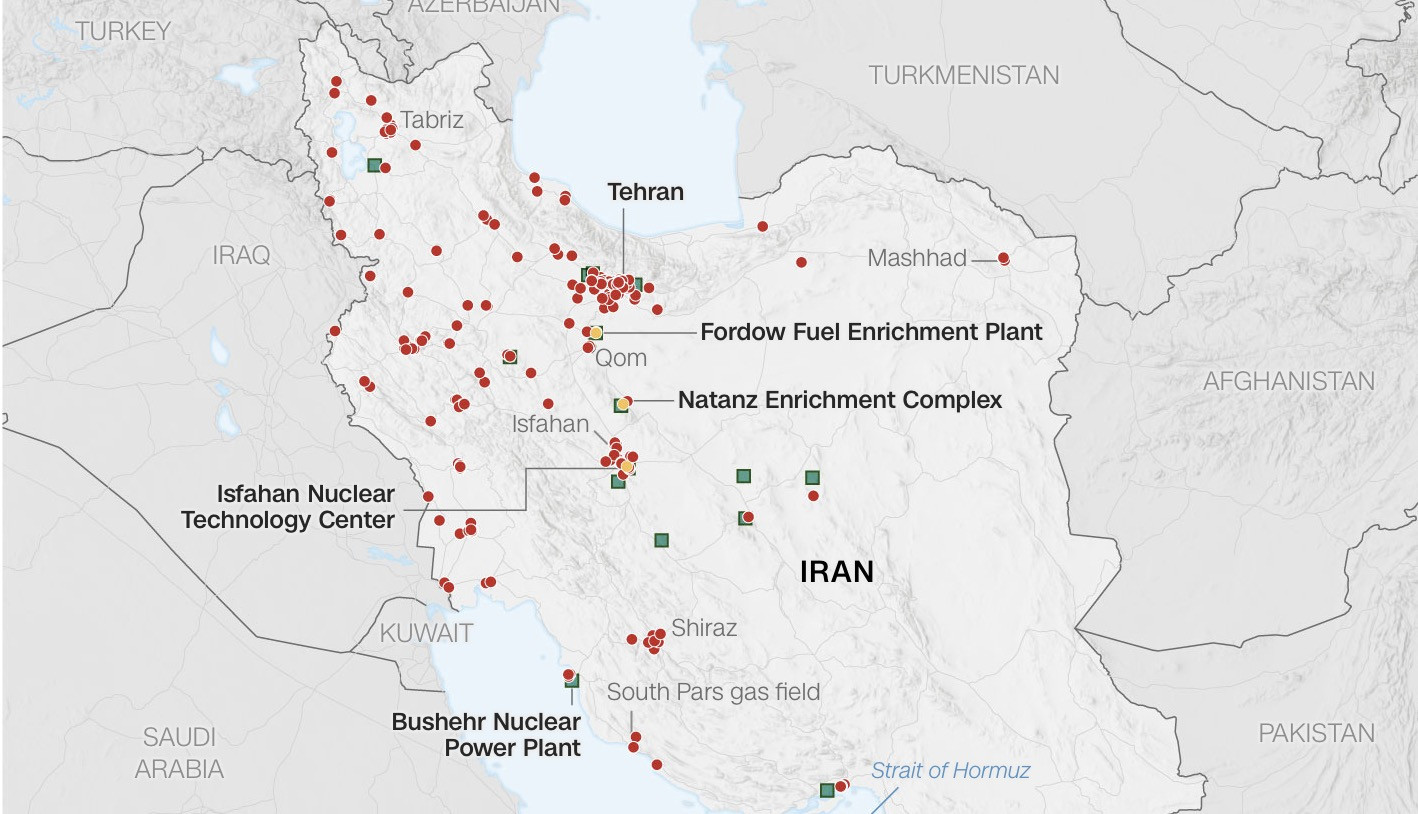 Bản đồ các khu vực ở Iran bị Mỹ và Israel tấn công. Ảnh: CNN