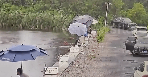 Ô tô mất lái lao xuống hồ nước, tài xế trèo lên nóc xe cầu cứu