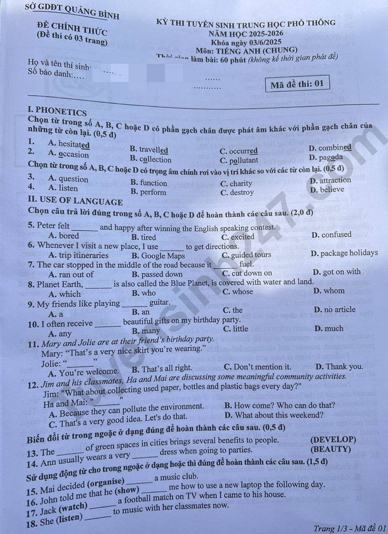 Examen de ingreso de 10.º grado de Quang Binh (Inglés, 2025) - 1 resultado