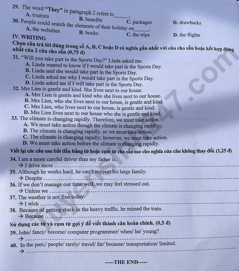Examen de ingreso de 10.º grado de Quang Binh (Inglés 2025, 3 resultados)