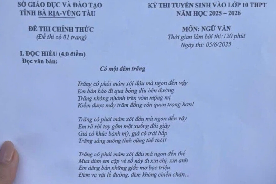Đề thi môn Ngữ Văn vào lớp 10 tỉnh Bà Rịa - Vũng Tàu năm 2025