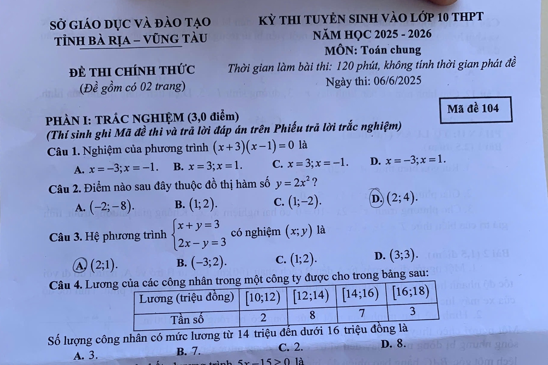 Đề thi môn Toán vào lớp 10 tỉnh Bà Rịa - Vũng Tàu năm 2025