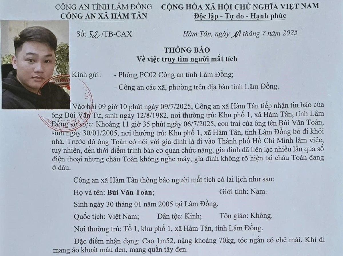 Nam thanh niên mất tích “bí ẩn” sau khi rời Lâm Đồng vào TPHCM làm việc.jpg