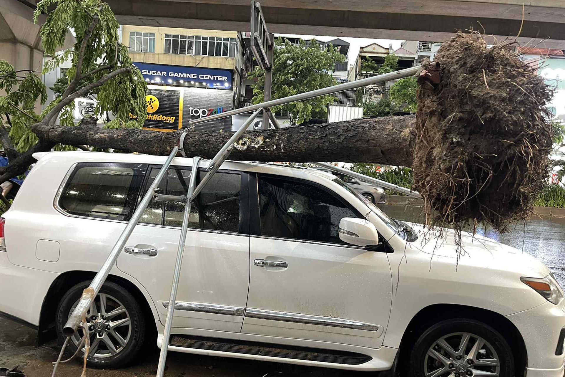 Mưa giông bất ngờ ở Hà Nội: Tôn bay, kính vỡ, người đi xe máy bị hất văng