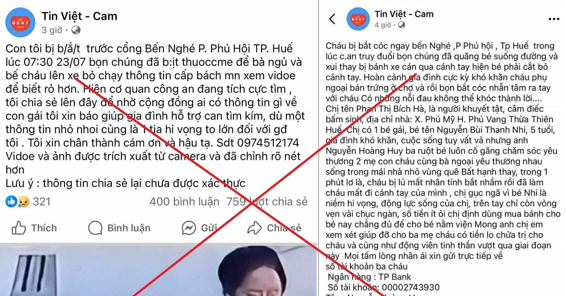 Công an TP Huế bác tin lan truyền bắt cóc trẻ em rồi ném xuống đường