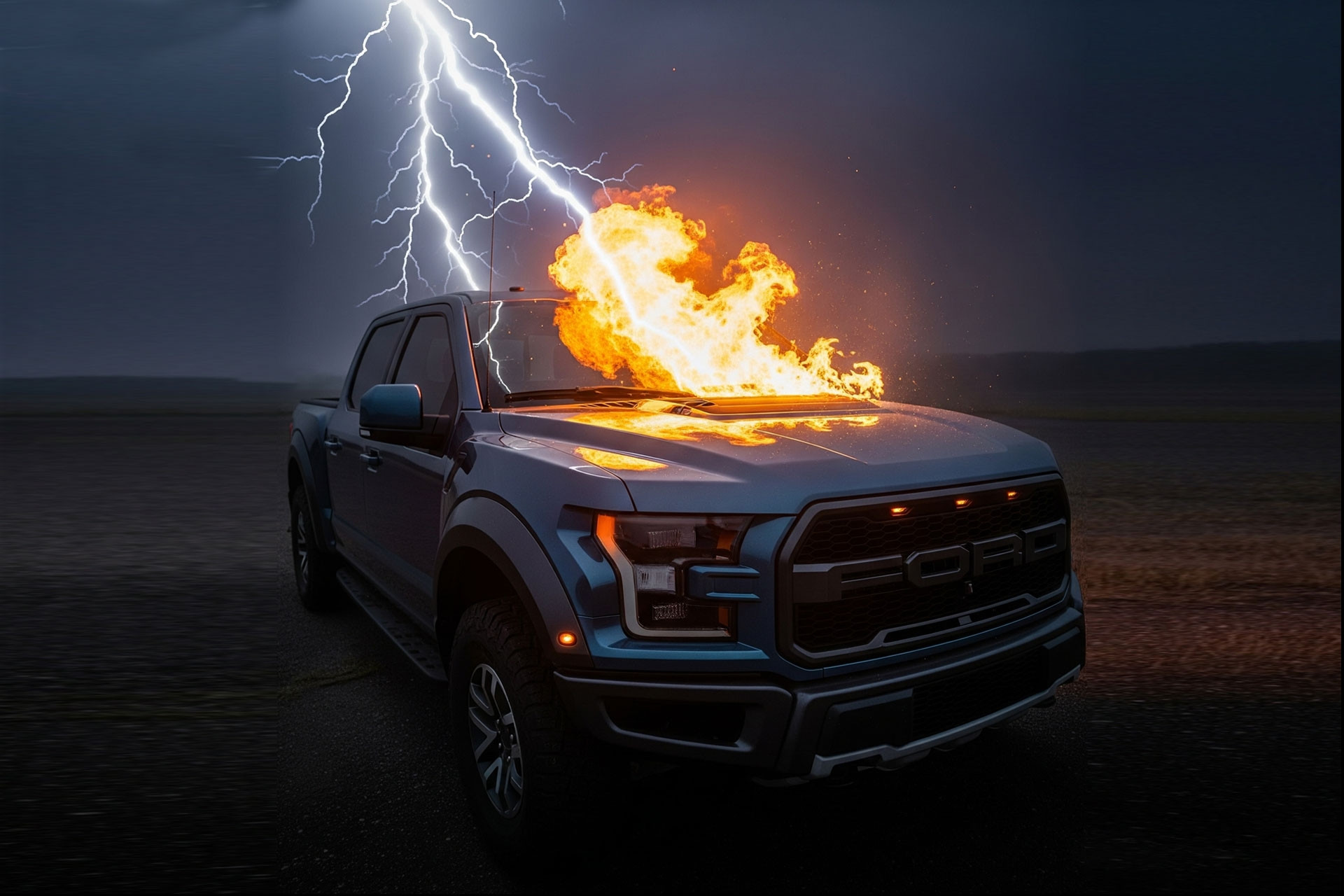 Tài xế thoát chết thần kỳ sau khi ô tô bị sét đánh bốc cháy