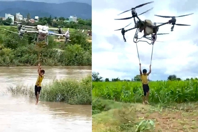 Nghẹt thở pha dùng drone hạng nặng giải cứu 2 bé mắc kẹt giữa dòng nước xiết