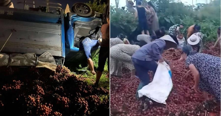 Tài xế chất vải ven đường để sửa xe bị lật, người dân tưởng &amp;apos;hàng bỏ&amp;apos; thi nhau lấy