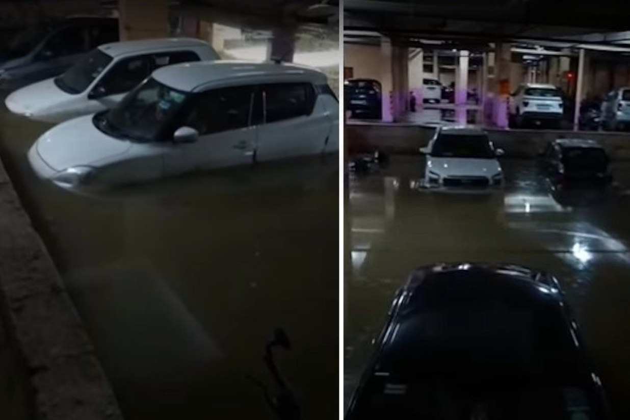 Hàng loạt ô tô chìm trong biển nước ở hầm chung cư sau trận mưa lớn
