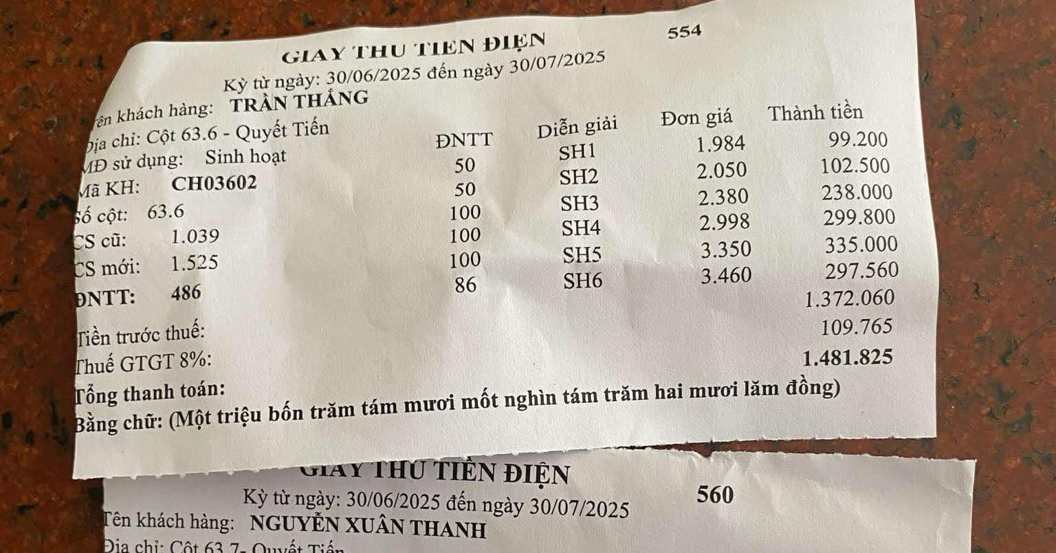 Hóa đơn tiền điện 2 hộ ở Phú Thọ giống hệt nhau...