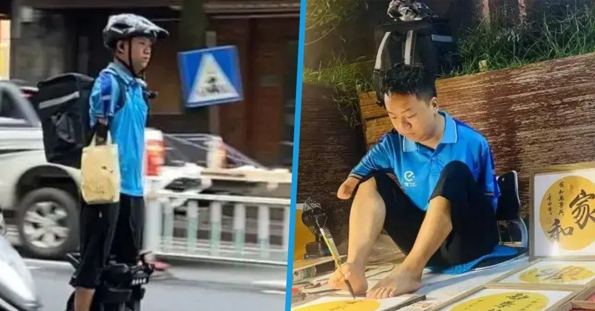 Mất cả 2 tay, người đàn ông miệt mài đi giao hàng, viết thư pháp bằng chân