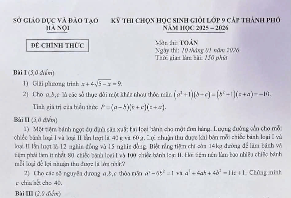 Đề và gợi ý lời giải môn Toán thi học sinh giỏi lớp 9 thành phố Hà Nội