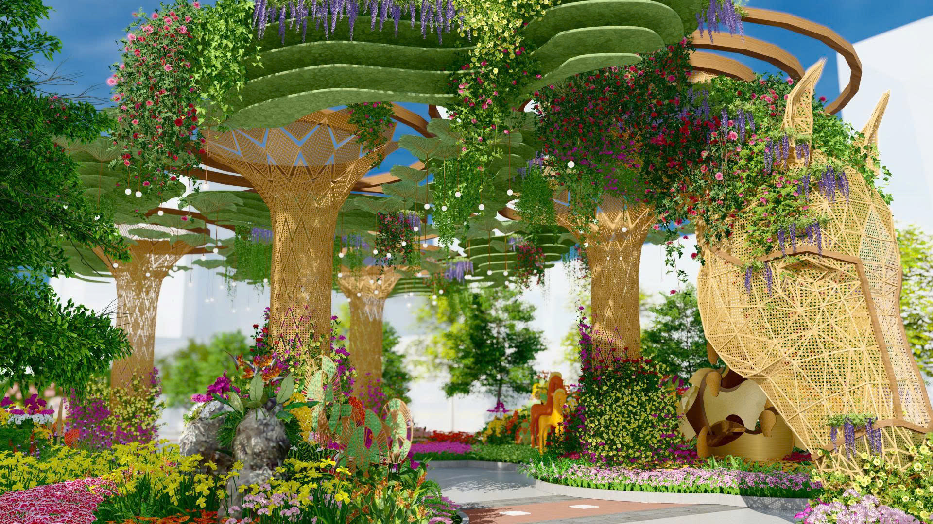 Linh vật Nhất mã thong dong làm từ tre đan