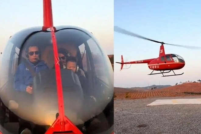 Chồng lái trực thăng đưa vợ con về quê đón Tết, 80km chỉ mất 15 phút