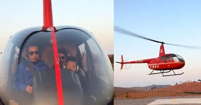 Chồng lái trực thăng đưa vợ con về quê đón Tết,...