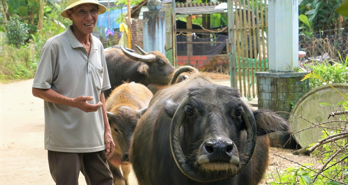 Con trâu có cặp sừng mọc ngược hiếm gặp, giúp l...