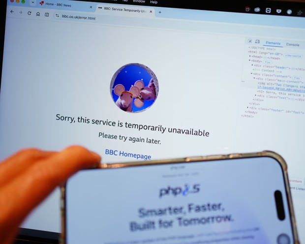 A page on the BBC website temporarily unavailable due to the issue. Photograph: Yui Mok/PA