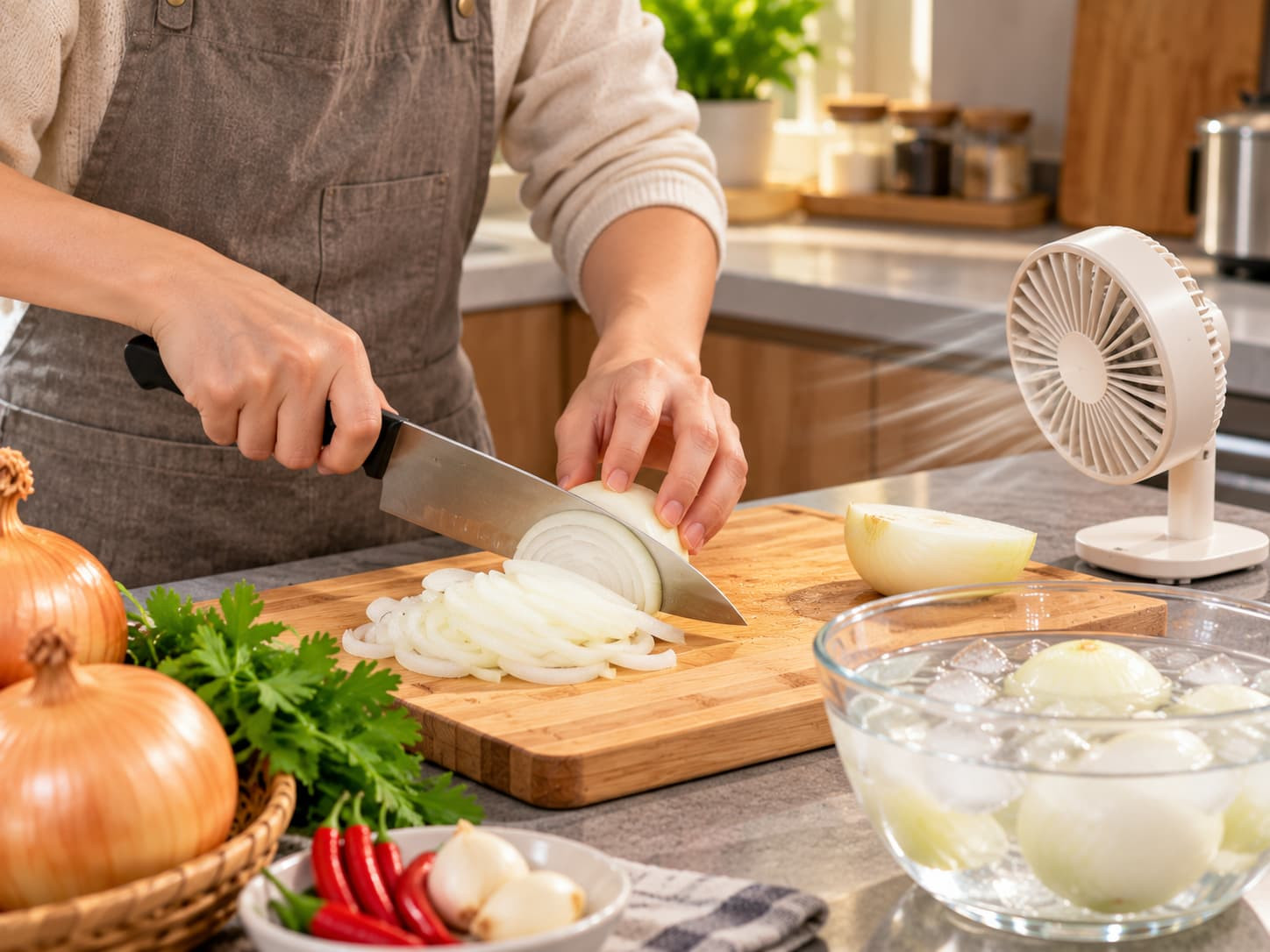 Bật quạt hoặc tạo không khí thông thoáng khi cắt hành tây.jpg