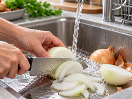 Thái hành tây dưới vòi nước để tránh cay mắt.jpg
