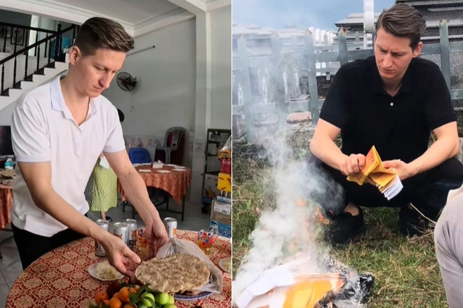 Chàng rể Đức 2 năm đón Tết Việt, thành thục sắp mâm cúng, tảo mộ, hóa vàng