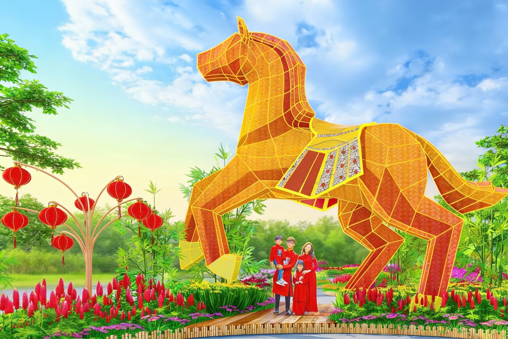 Linh vật Phúc Mã cao 7 mét giữa đường hoa Home Hanoi Xuan 2026