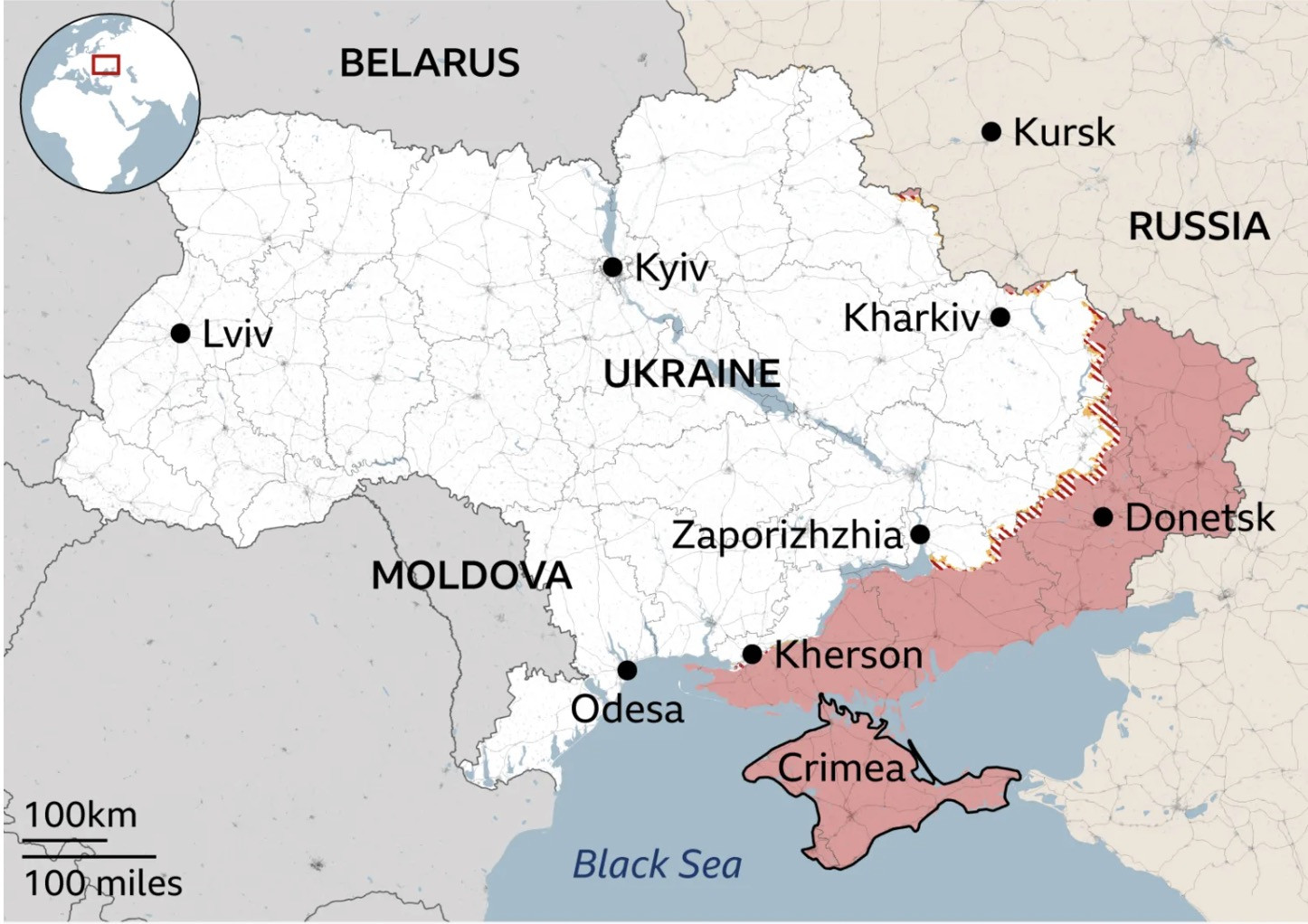 Bản đồ Nga Ukraine. Ảnh: BBC