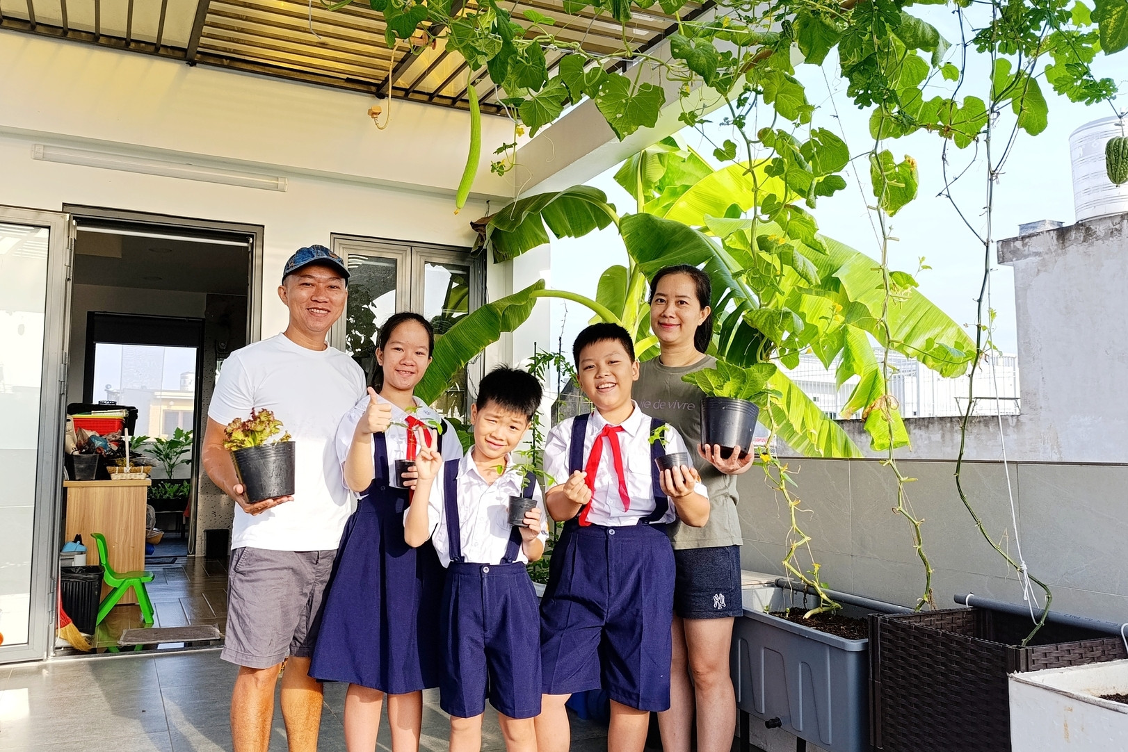 Ông bố 3 con ở TPHCM biến sân thượng từ nhà đến công ty thành vườn rau xanh mướt