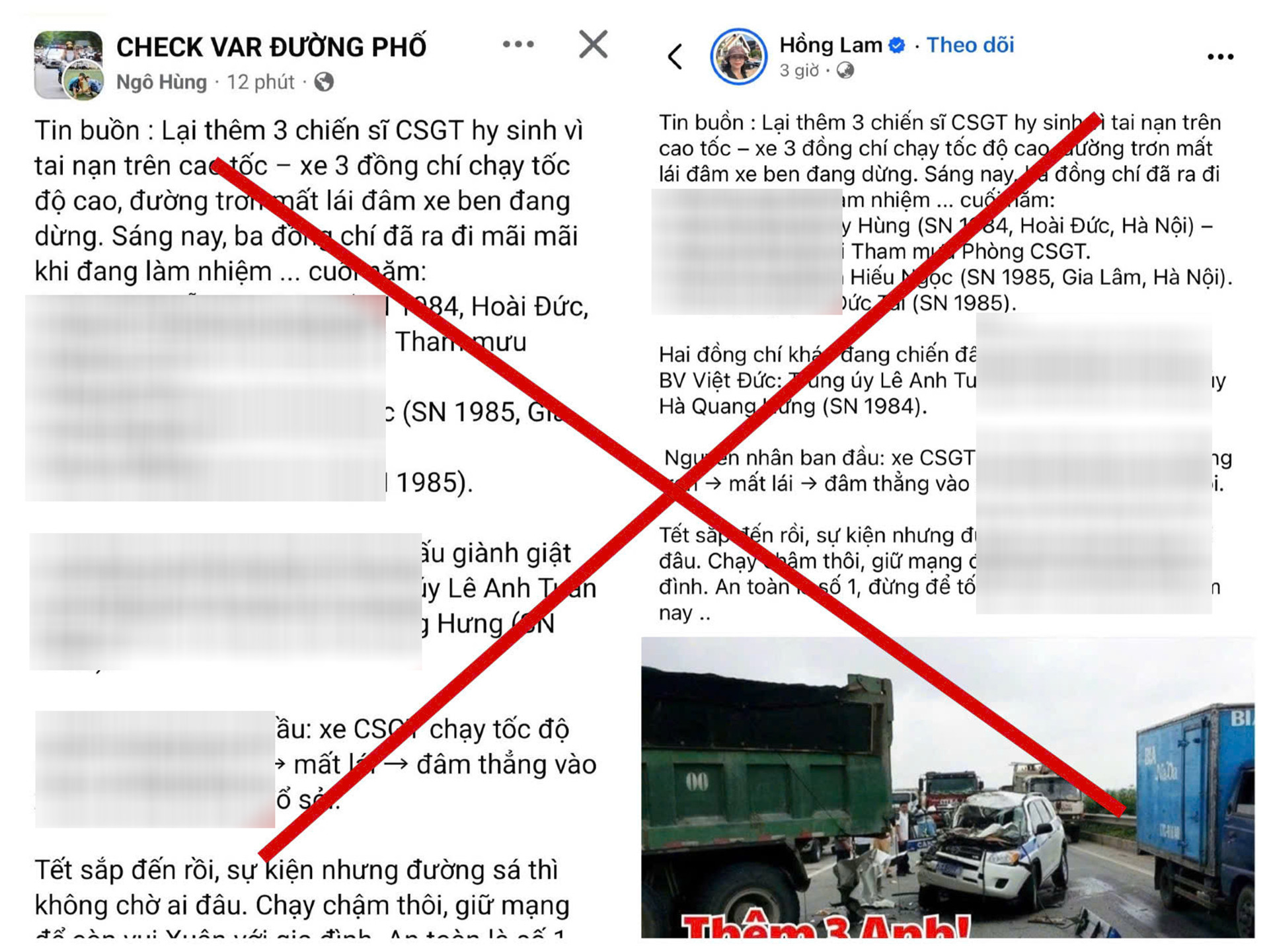 Công an Hà Nội bác thông tin 'thêm 3 chiến sĩ CSGT hy sinh trên cao tốc'