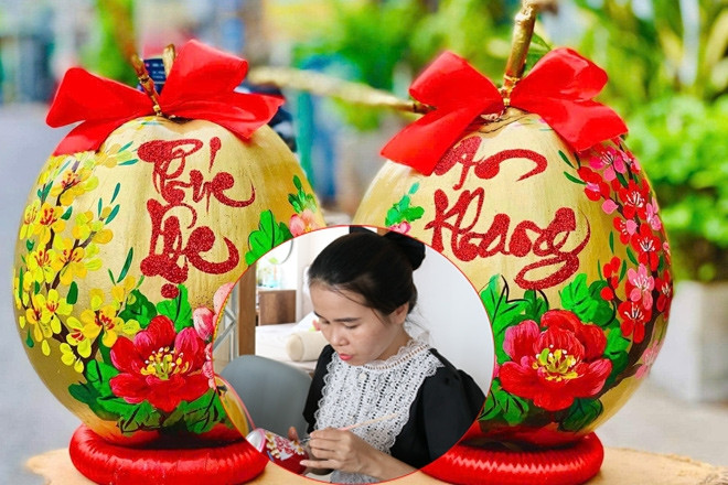 Vợ chồng giáo viên 'múa cọ' lên trái dừa, thức trắng đêm làm nghề lạ mỗi dịp Tết